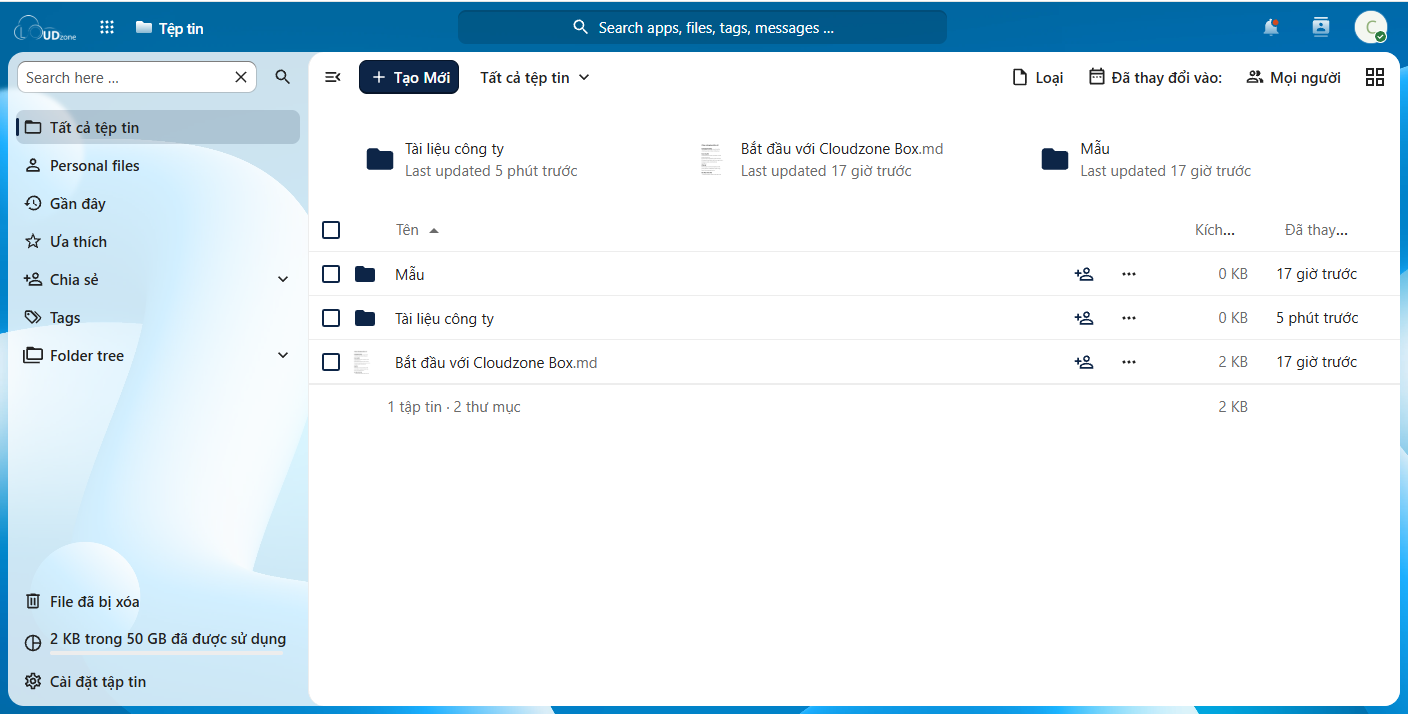 Giao diện quản lý tệp tin của Cloudzone Box: danh sách file, thư mục và dung lượng đã dùng