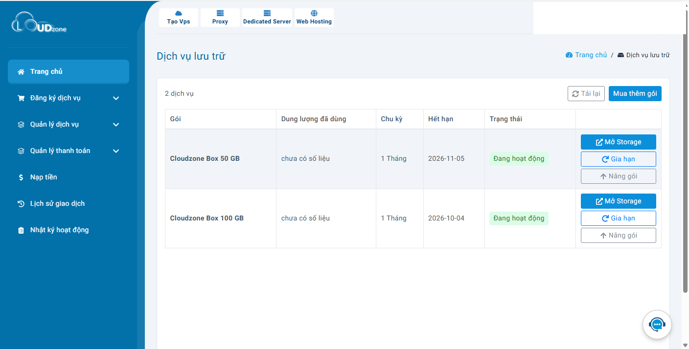 Danh sách dịch vụ lưu trữ trong Portal với nút Mở Storage, Gia hạn, Nâng gói