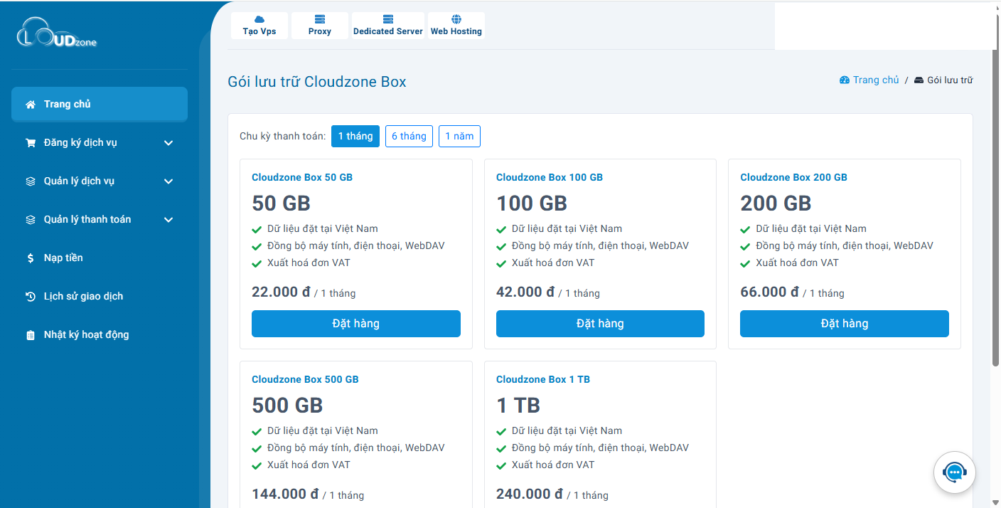 Trang đặt gói Cloudzone Box trong Portal với 5 mức dung lượng và 3 chu kỳ thanh toán