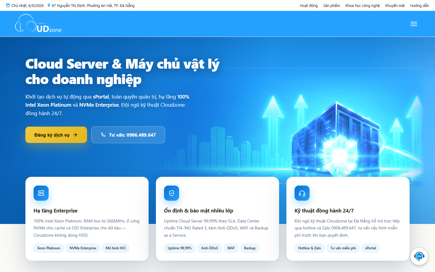 Trang chủ cloudzone.vn giao diện mới: hero Cloud Server và Máy chủ vật lý, ba thẻ năng lực nổi bật