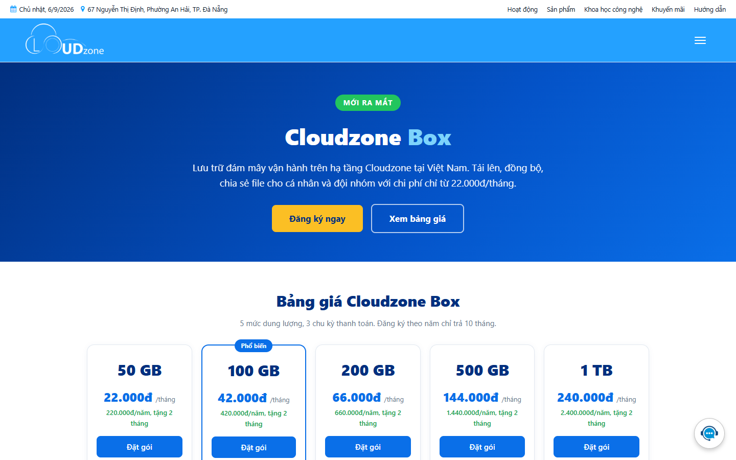 Trang sản phẩm Cloudzone Box trên cloudzone.vn với bảng giá 5 gói niêm yết công khai