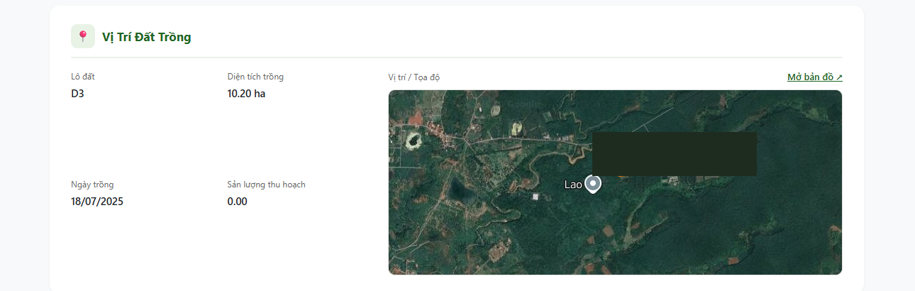 Trang truy xuất hiển thị vị trí lô đất trên bản đồ vệ tinh kèm diện tích và ngày trồng