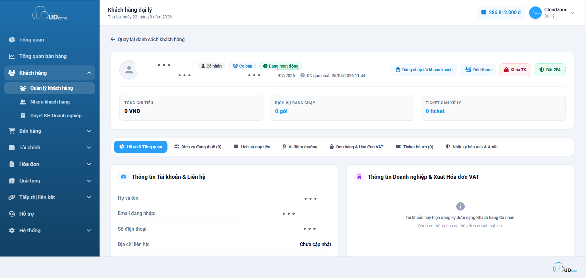Trang quản lý khách hàng của Đại lý, chạy trên webapp do Cloudzone dựng sẵn