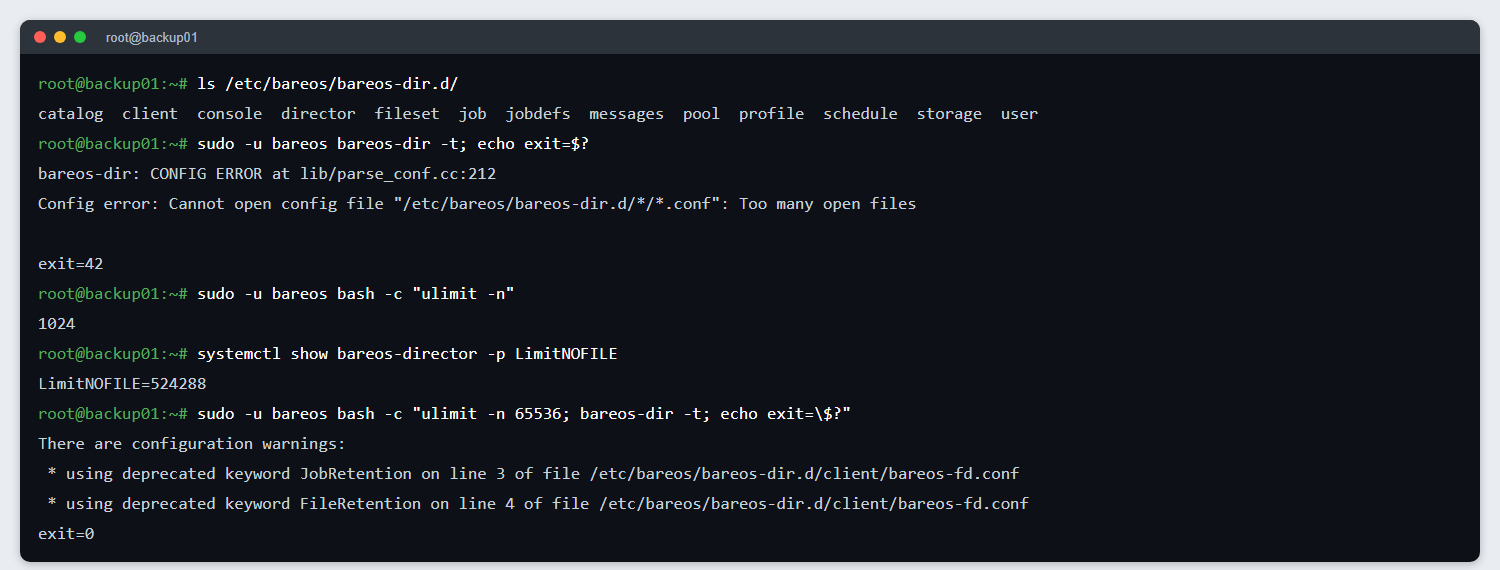 Cùng một cấu hình: thất bại với giới hạn 1024 file, qua được khi nâng ulimit (ảnh từ máy chủ backup thật, đã che thông tin nhận dạng)
