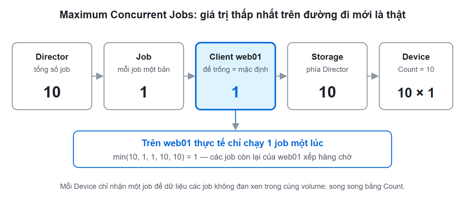 Sơ đồ minh hoạ: Nén, chạy song song và tìm nút cổ chai trong Bareos