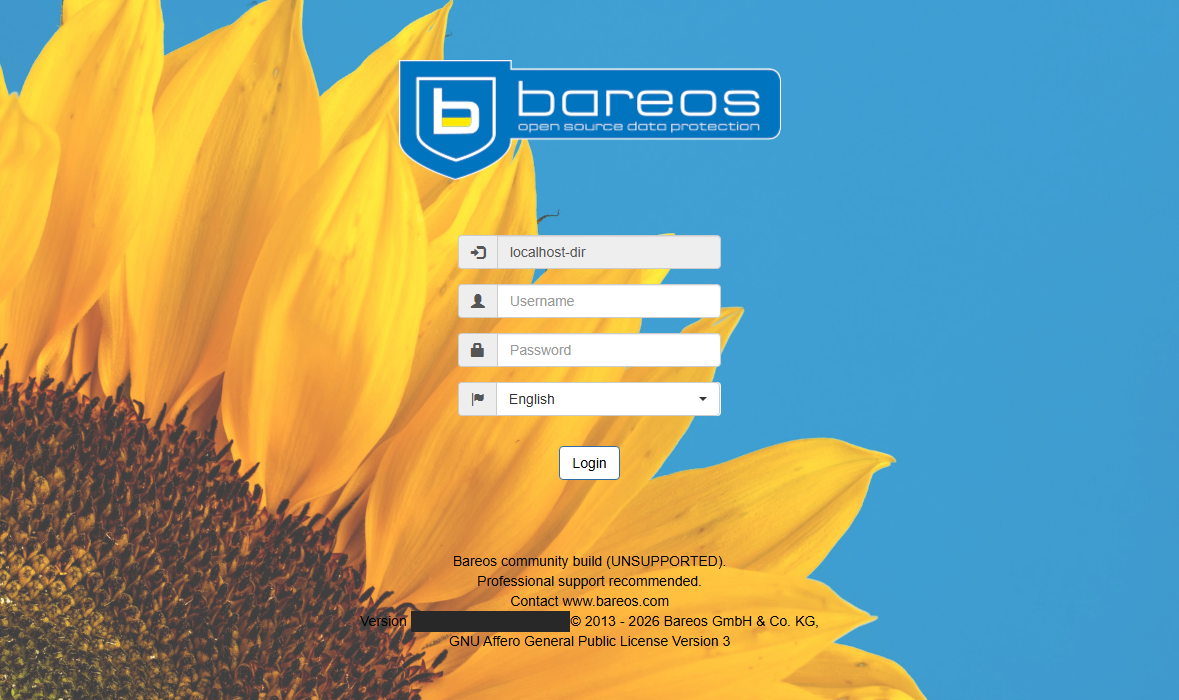 Trang đăng nhập Bareos WebUI (đã che phiên bản)