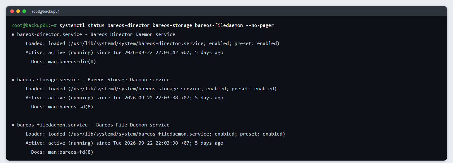 Ba dịch vụ Bareos đang chạy trên một máy chủ backup thật (đã che thông tin nhận dạng)