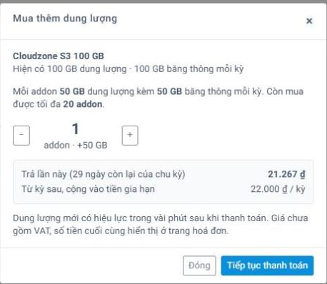 Hộp thoại mua thêm dung lượng Object Storage trong Portal Cloudzone, hiển thị tiền thu theo số ngày còn lại