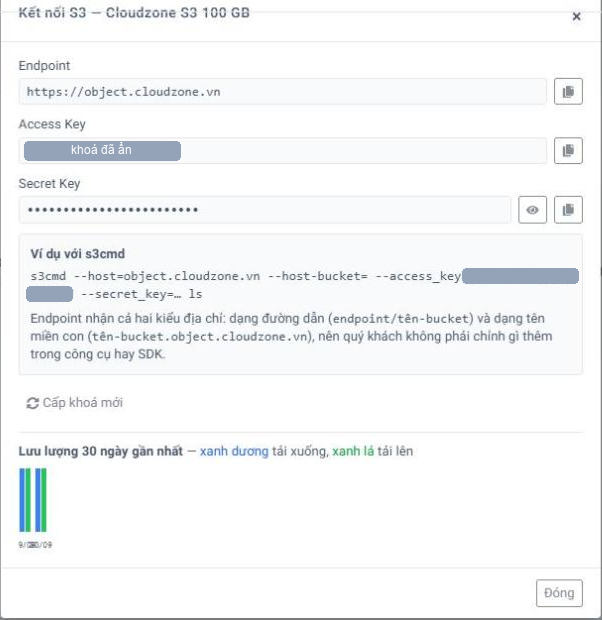 Hộp thoại kết nối Object Storage trong Portal Cloudzone với endpoint và khóa truy cập