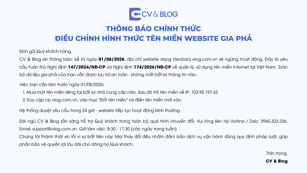 THÔNG BÁO: Điều chỉnh hình thức tên miền website CV&Blog theo Nghị định 147/2024/NĐ-CP và Nghị định 174/2026/NĐ-CP