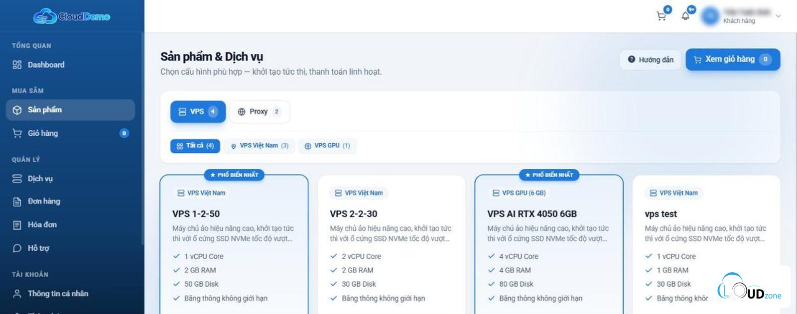 Cổng khách hàng trên website của đại lý, trang chọn gói dịch vụ