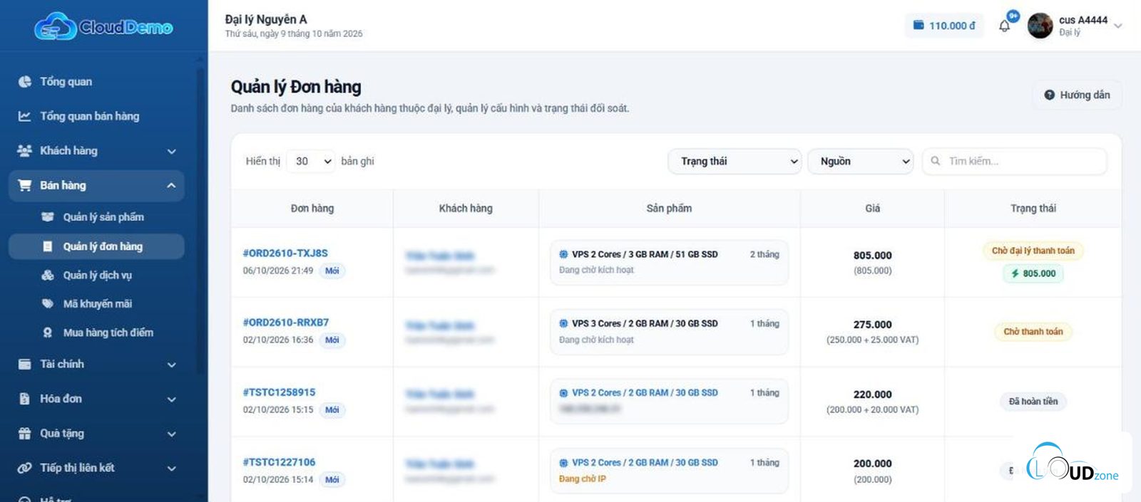 Trang quản lý đơn hàng của đại lý trên sPortal