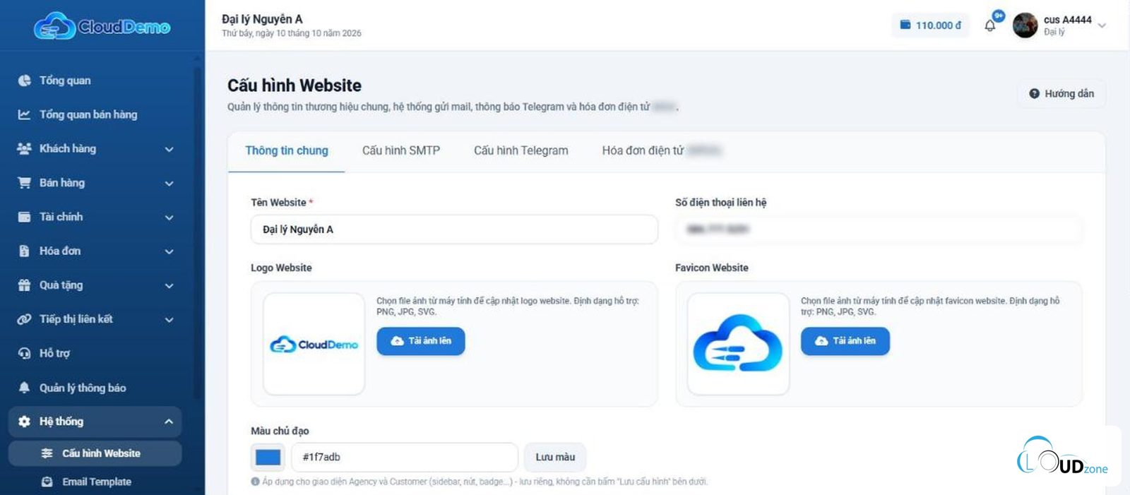 Trang cấu hình website của đại lý trên sPortal: tên website, logo, màu chủ đạo