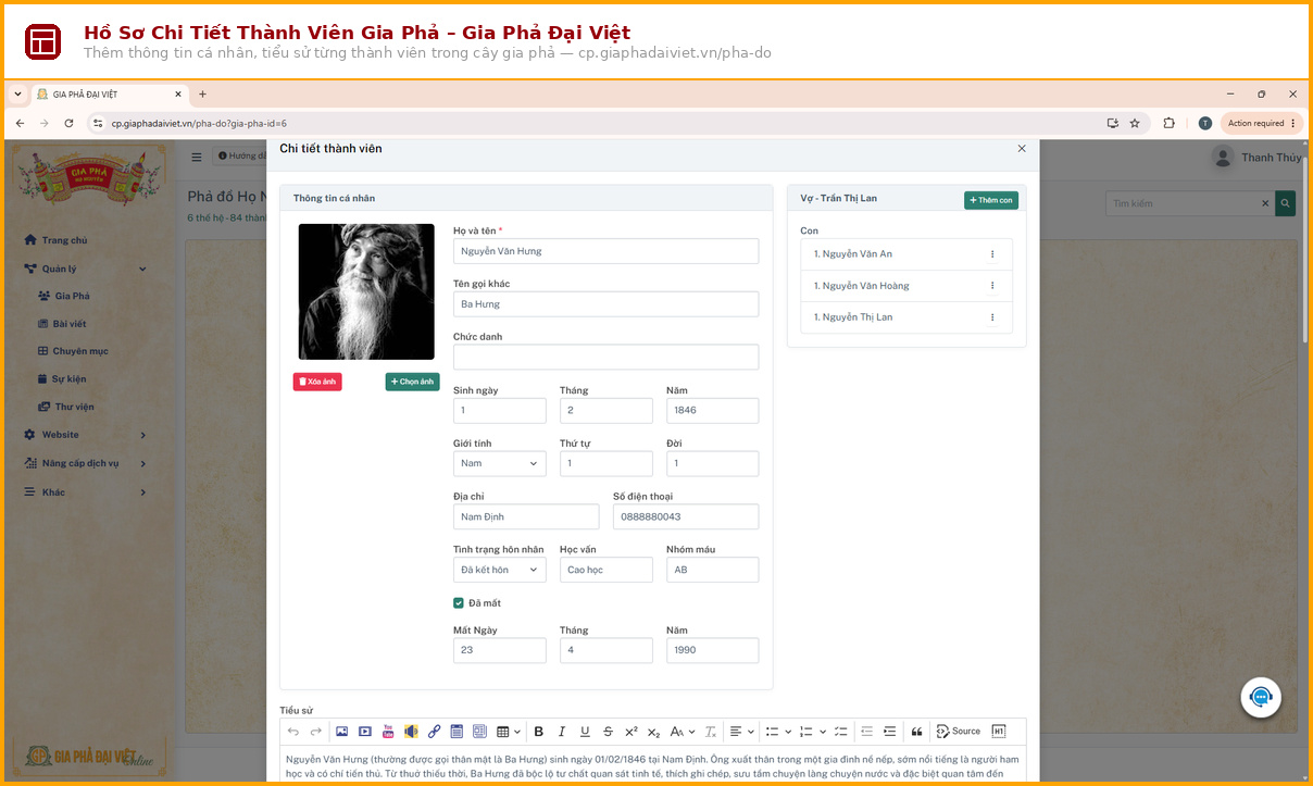 Hồ sơ chi tiết thành viên trong gia phả - cp.giaphadaiviet.vn