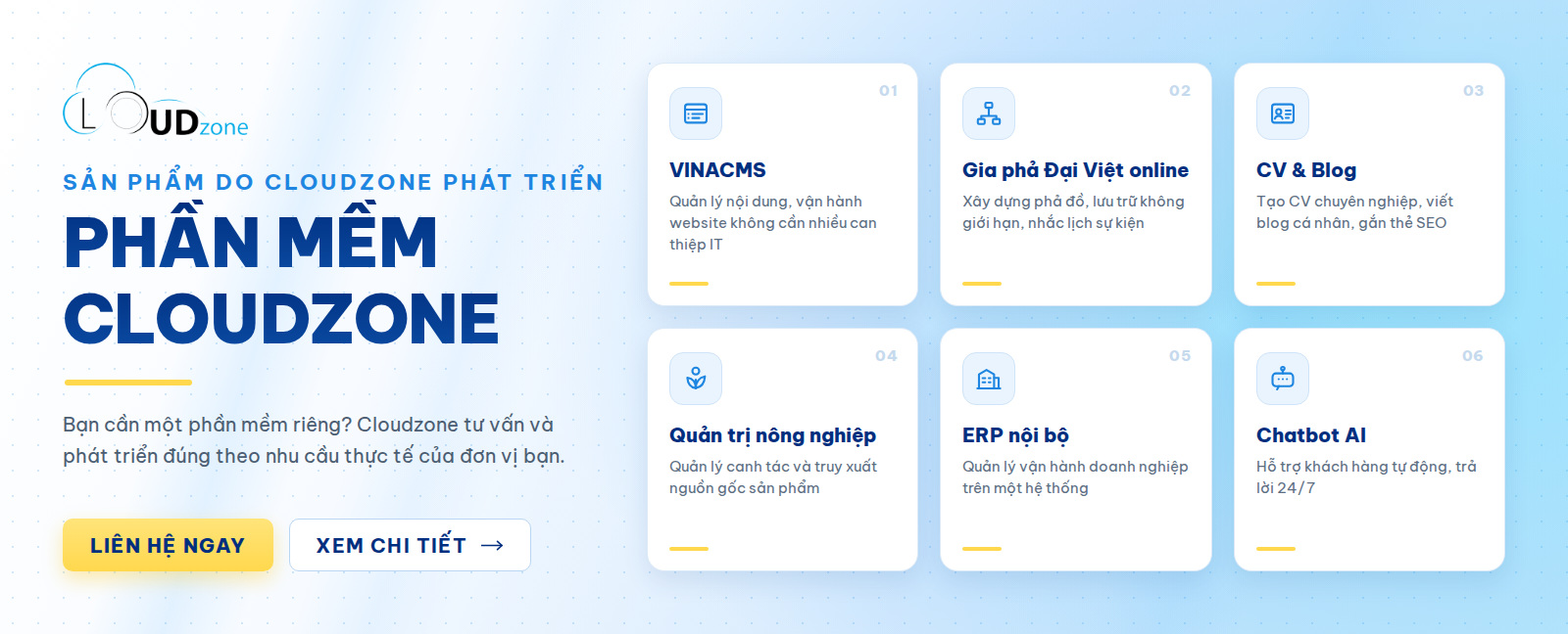 Phần mềm do Cloudzone phát triển - VinaCMS, Gia phả Đại Việt online, CV & Blog, ERP, Chatbot AI