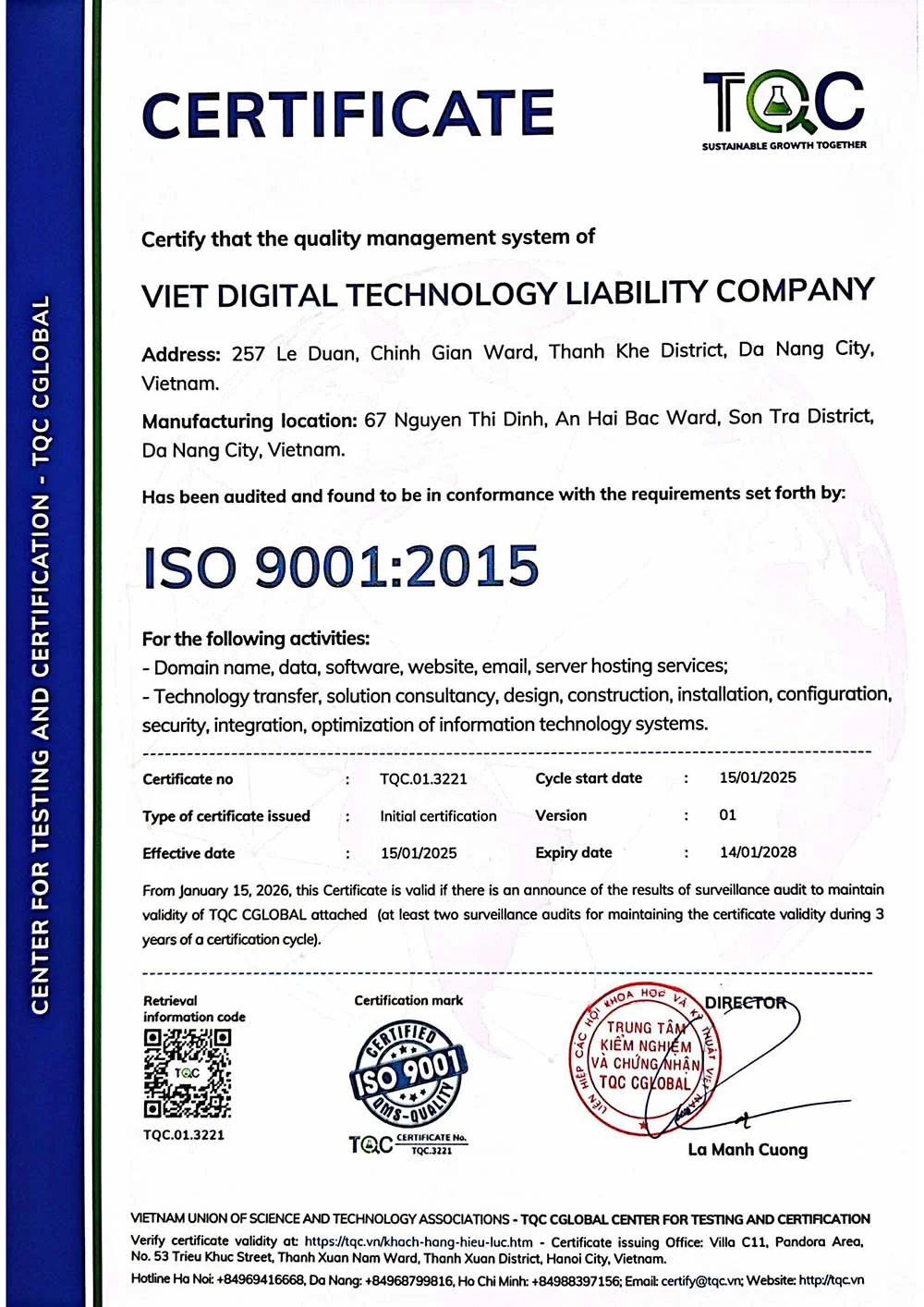Chứng chỉ ISO 9001:2015 Cloudzone - trang 1