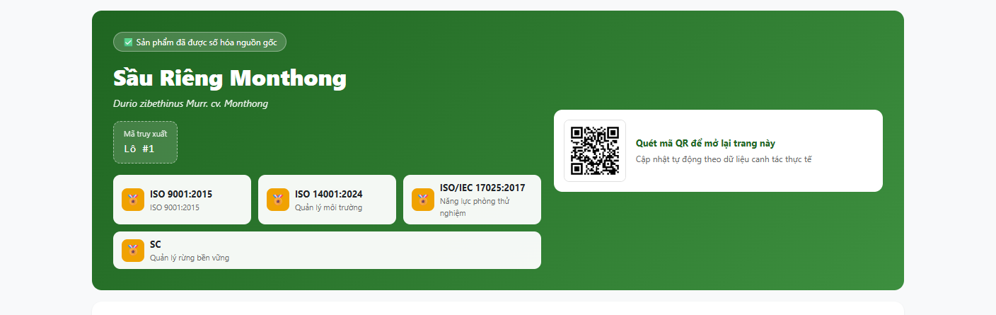 Trang truy xuất nguồn gốc công khai với mã QR và chứng chỉ ISO