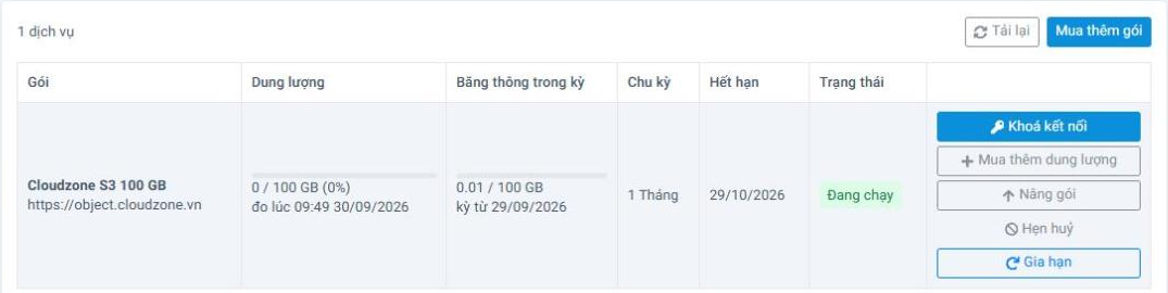 Danh sách dịch vụ Object Storage đang chạy trong Portal Cloudzone