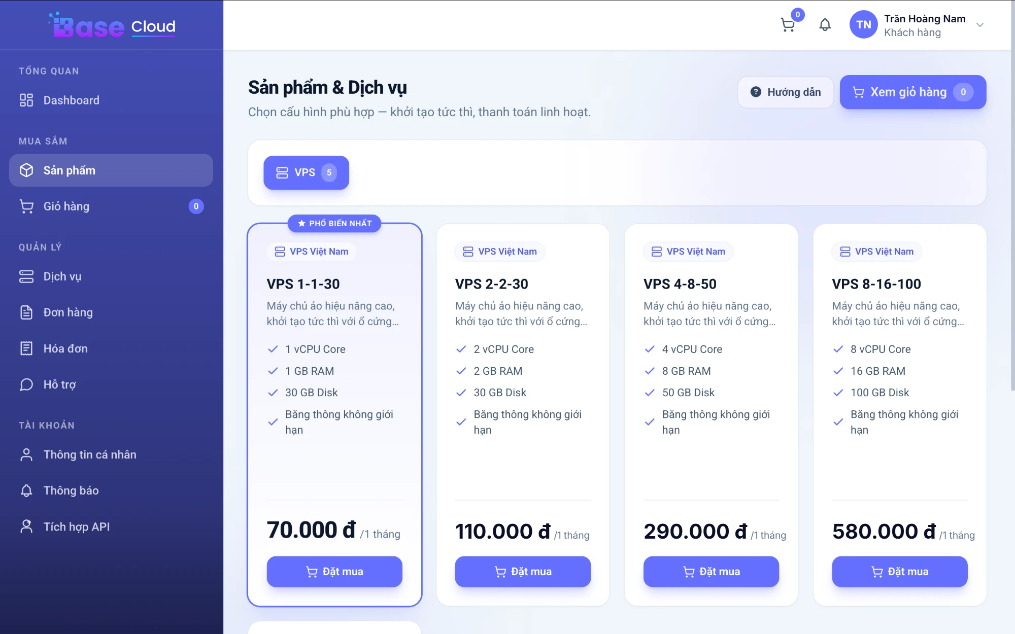 Giao diện cổng quản lý Base Cloud: danh sách gói Cloud VPS Việt Nam, giá theo tháng và nút đặt mua